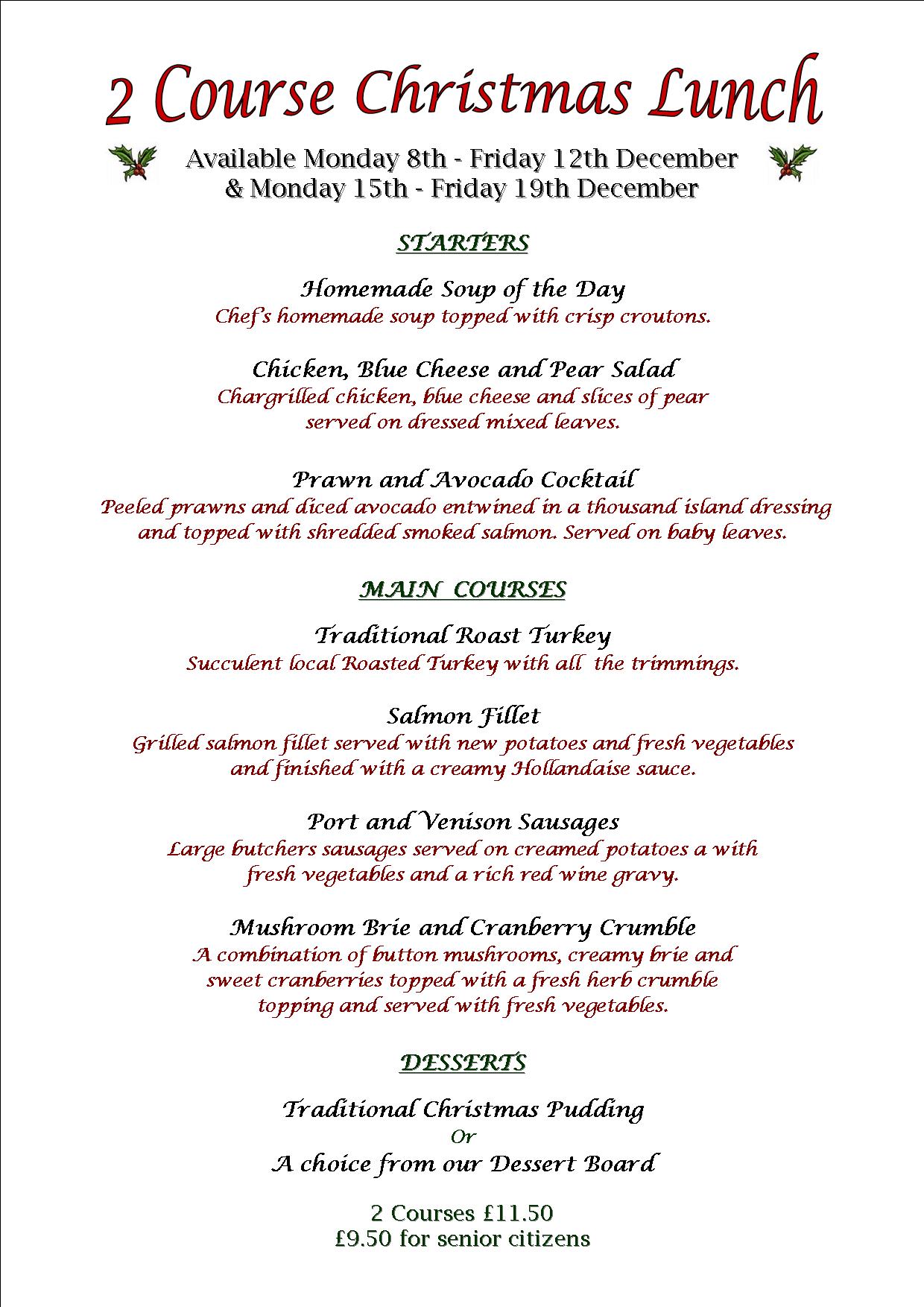 2 Course Christmas Lunch Menu The Brewers Arms